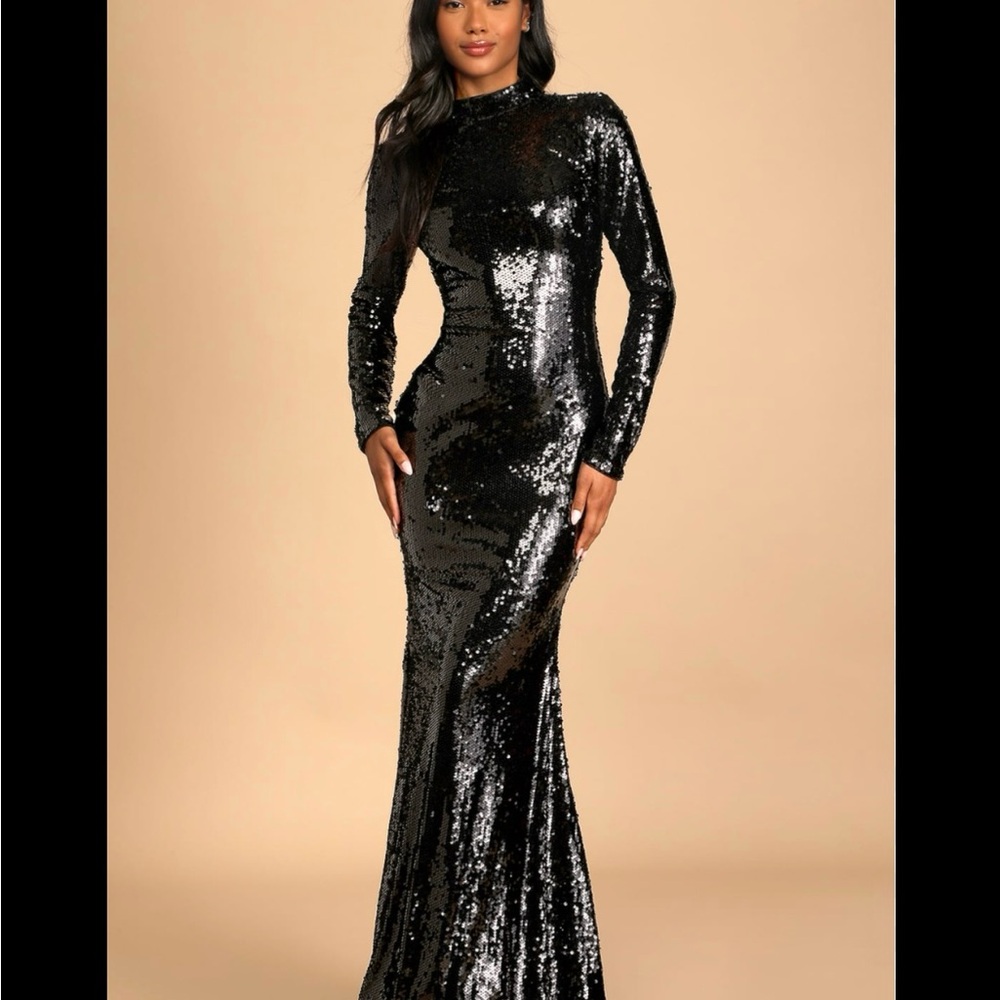 Glamorous, Sexy, Black Sequin Long Sleeve, open back Lulus Dress